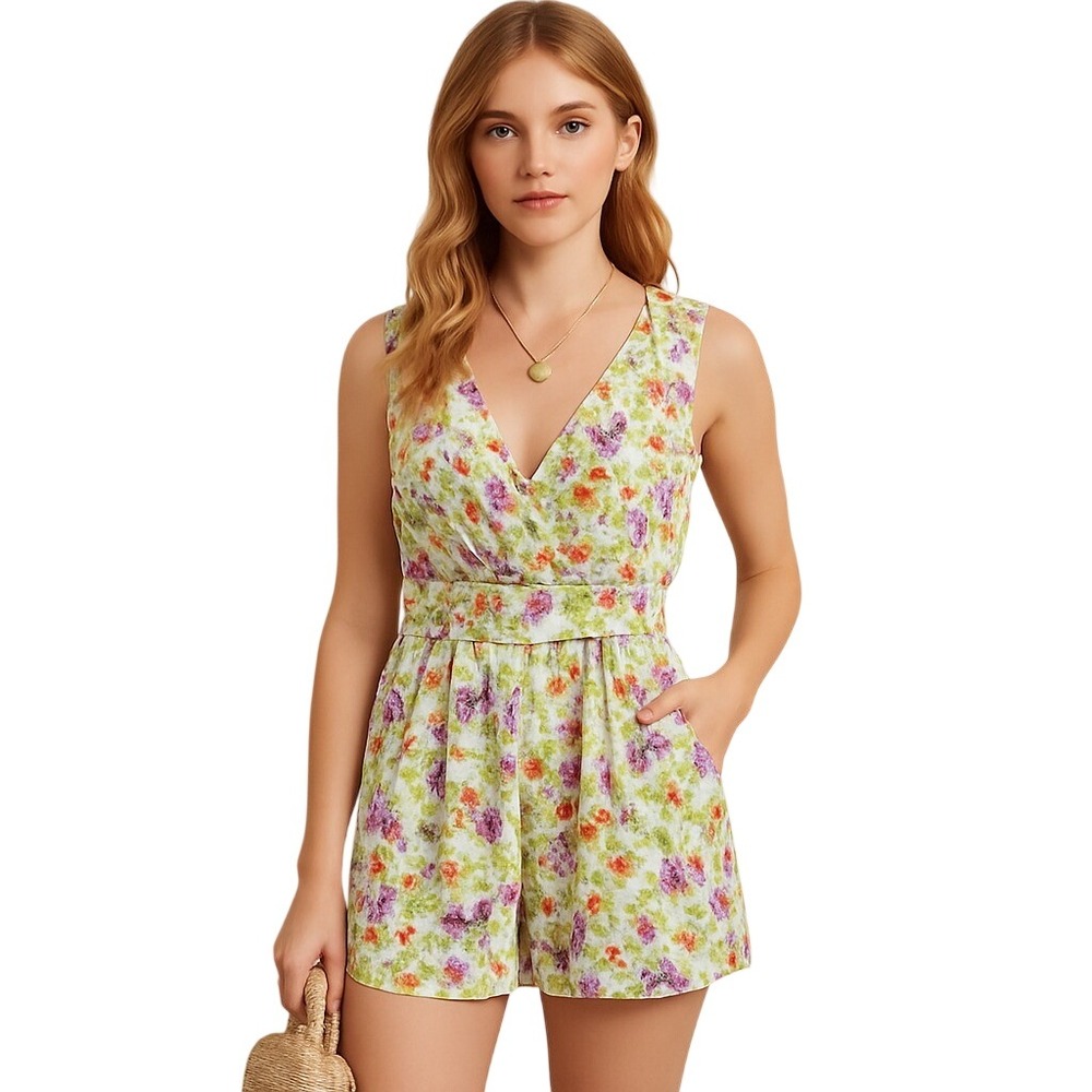 Womens L Floral Romper NWT V-Neck Sleeveless Green Cottagecore Boho Playsuit